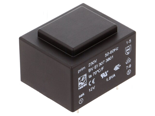 Transformator: ingegoten; 1,8VA; 230VAC; 12V; 150mA; PCB; BVEI Transformator: ingegoten; 1,8VA; 230VAC; 12V; 150mA; PCB; BVEI